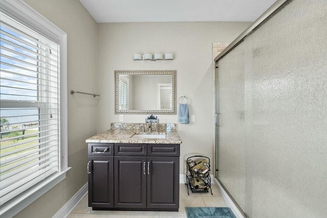 bathroom featuring a wealth of natural light, tile patterned flooring, and walk in shower