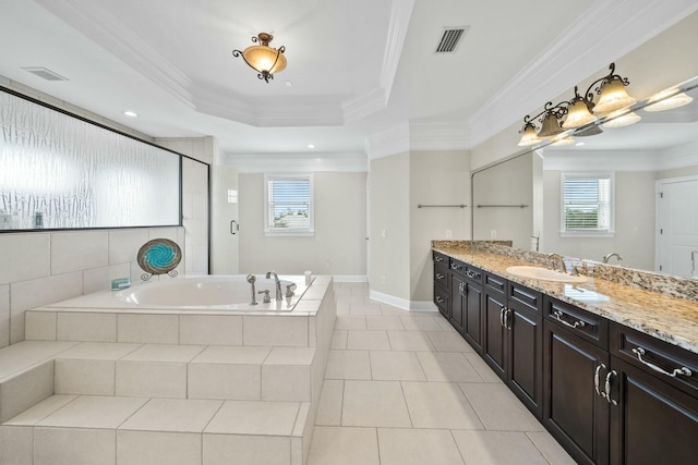 bathroom with vanity, ornamental molding, a wealth of natural light, and a tray ceiling