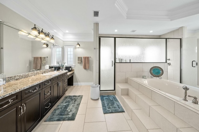 bathroom with tile patterned flooring, vanity, independent shower and bath, and crown molding