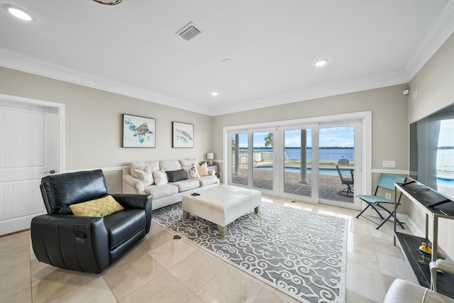 tiled living room featuring ornamental molding