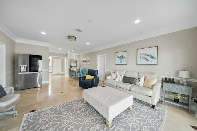 tiled living room featuring ornamental molding