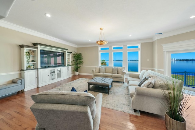 living room featuring crown molding and light hardwood / wood-style flooring