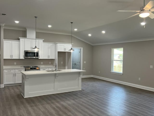 kitchen featuring appliances with stainless steel finishes, white cabinets, and a kitchen island with sink