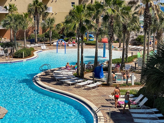 view of swimming pool featuring a patio area