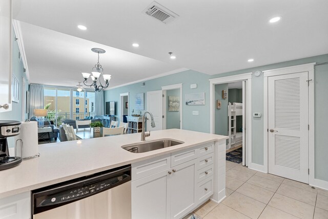 kitchen featuring dishwasher, an inviting chandelier, white cabinets, crown molding, and sink