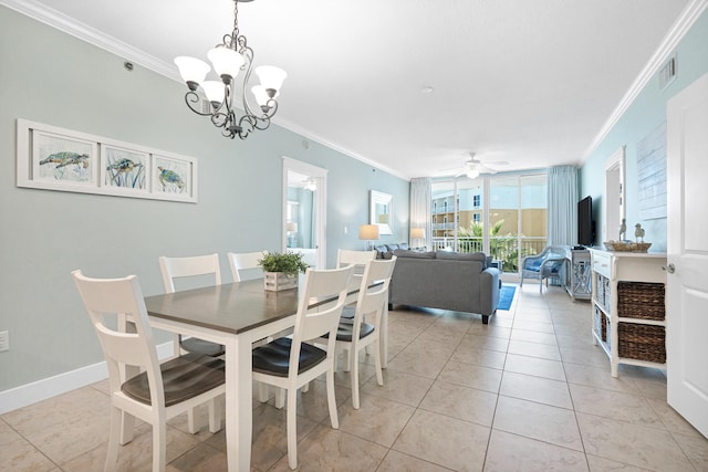 tiled dining space with ceiling fan with notable chandelier and ornamental molding