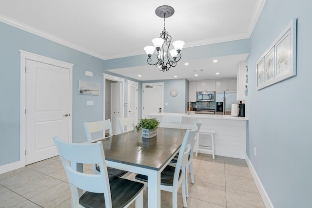 tiled dining space featuring crown molding and a notable chandelier