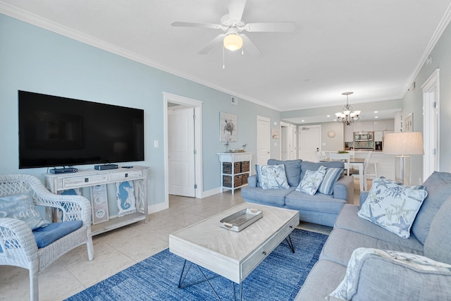 living room with ceiling fan with notable chandelier, light tile patterned flooring, and crown molding