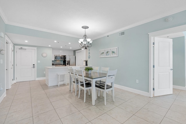 tiled dining space with crown molding and a notable chandelier