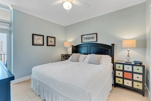 bedroom with ceiling fan, crown molding, and light tile patterned flooring