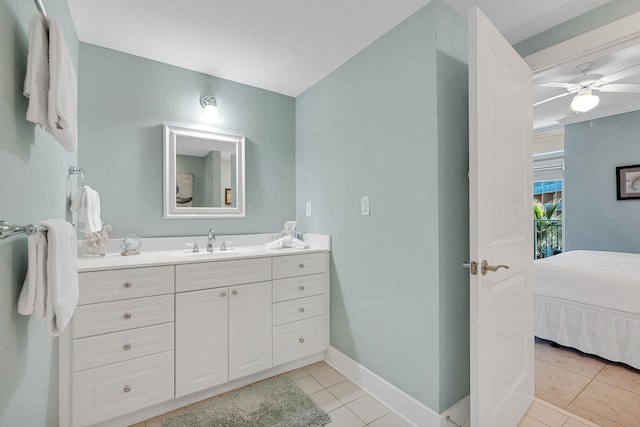 bathroom featuring tile patterned floors, vanity, and ceiling fan
