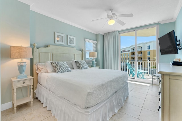 tiled bedroom featuring access to outside, ceiling fan, and ornamental molding