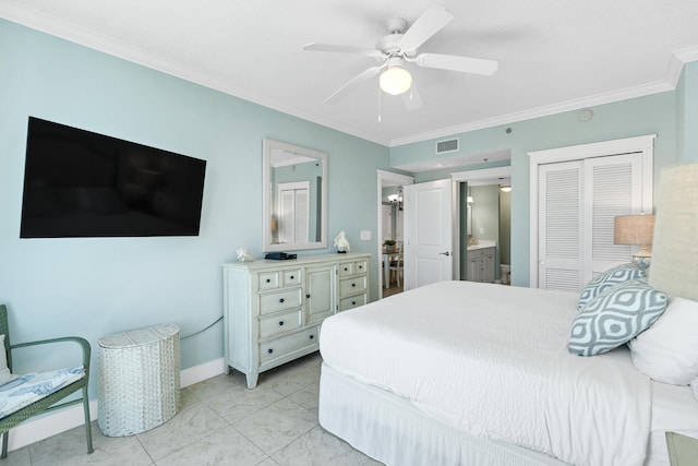 bedroom with ensuite bathroom, ceiling fan, ornamental molding, light tile patterned floors, and a closet