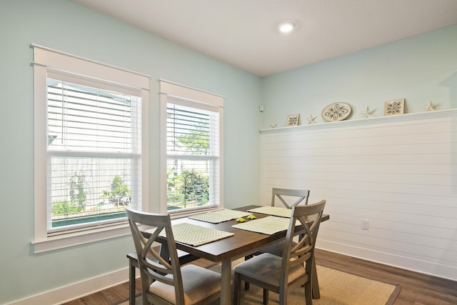 dining space featuring plenty of natural light and dark wood-type flooring