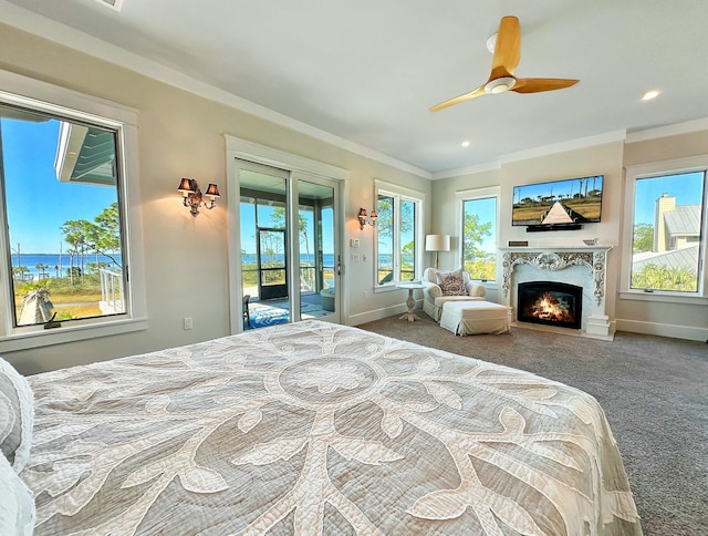 bedroom with access to exterior, carpet floors, and multiple windows