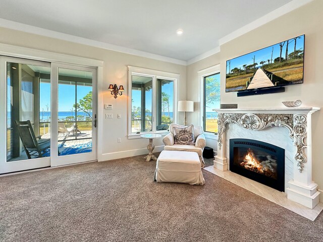 living area with carpet, crown molding, and a high end fireplace