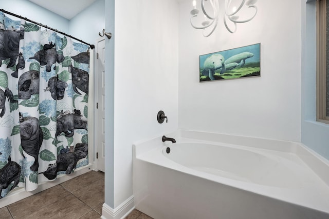 bathroom with tile patterned flooring and plus walk in shower