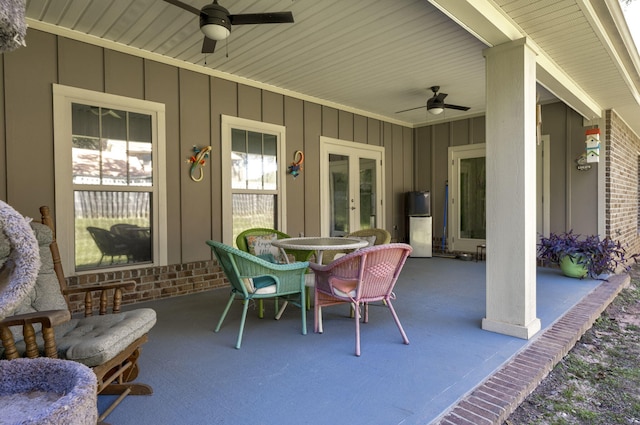 view of patio featuring ceiling fan and french doors