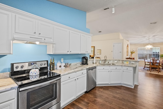 kitchen featuring sink, dark wood-type flooring, kitchen peninsula, white cabinets, and appliances with stainless steel finishes