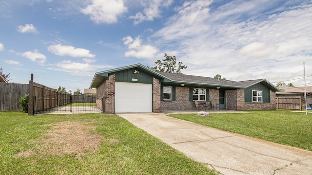 ranch-style house with a garage and a front lawn