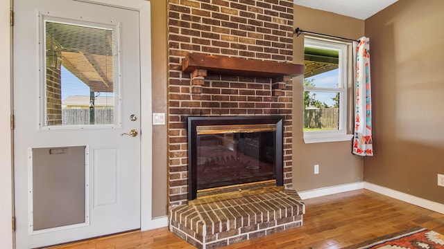 room details with a fireplace and hardwood / wood-style flooring