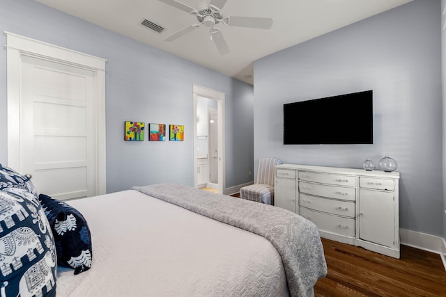 bedroom featuring connected bathroom, ceiling fan, and dark hardwood / wood-style flooring