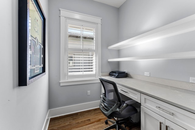 office space with dark hardwood / wood-style flooring and built in desk