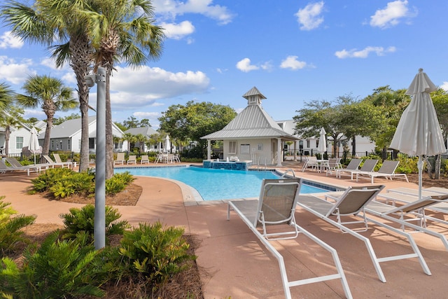 view of swimming pool with a patio area