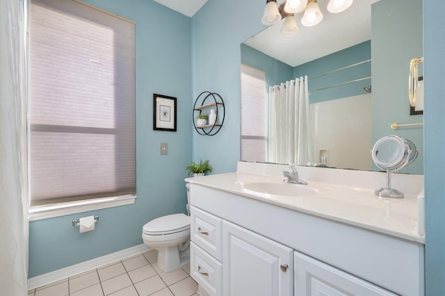 bathroom with walk in shower, tile patterned flooring, vanity, and toilet