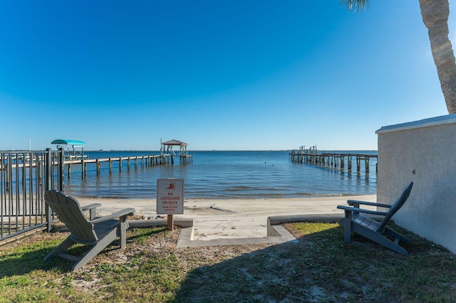 view of water feature featuring a dock and a beach view