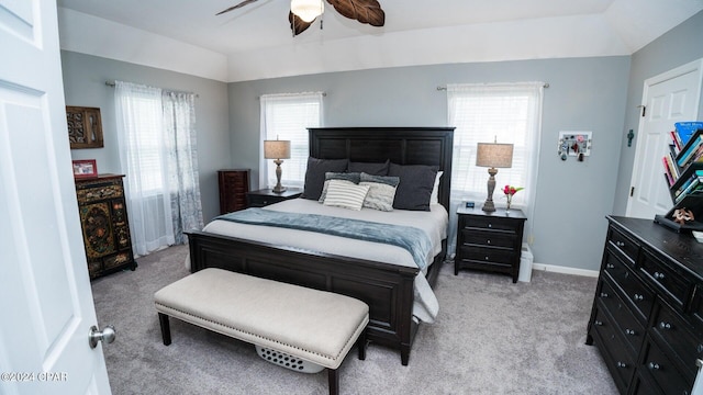 bedroom featuring ceiling fan and light colored carpet