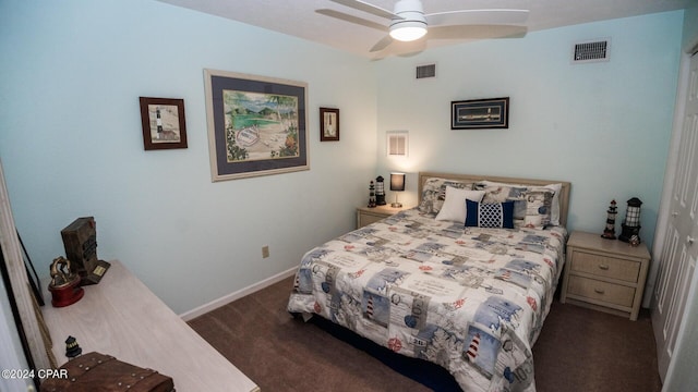 carpeted bedroom featuring ceiling fan