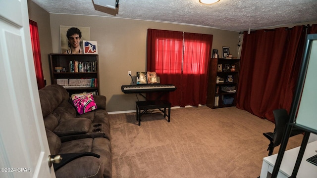 living area featuring carpet flooring and a textured ceiling