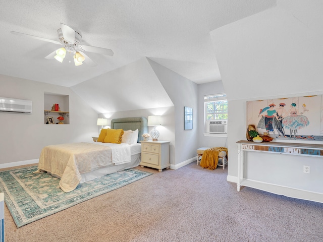 bedroom featuring ceiling fan, cooling unit, baseboards, vaulted ceiling, and an AC wall unit