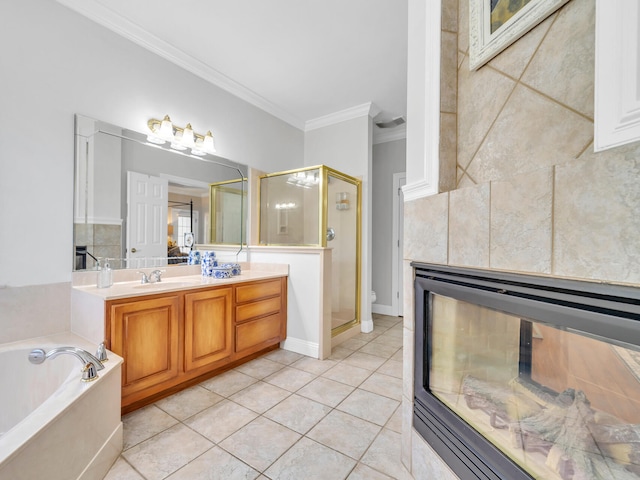 full bath featuring ornamental molding, tile patterned flooring, a shower stall, and vanity