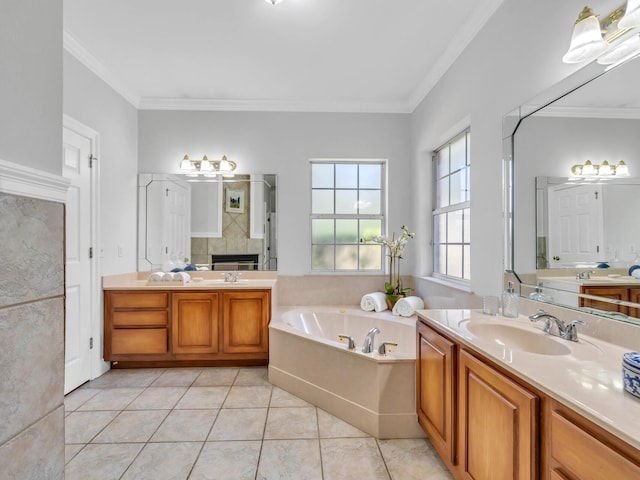 full bathroom with a garden tub, tile patterned flooring, vanity, and crown molding