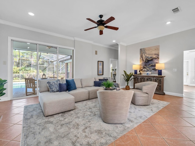 tiled living room with recessed lighting, baseboards, visible vents, and ornamental molding