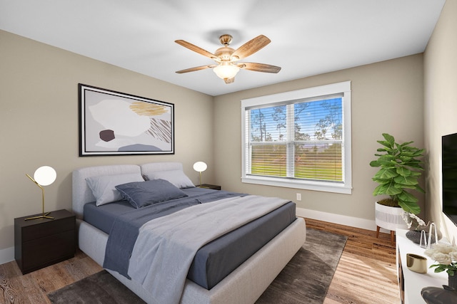 bedroom with ceiling fan and wood-type flooring