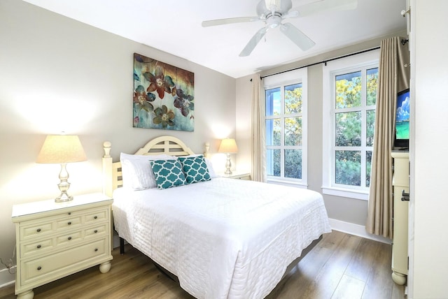 bedroom featuring ceiling fan and dark hardwood / wood-style flooring