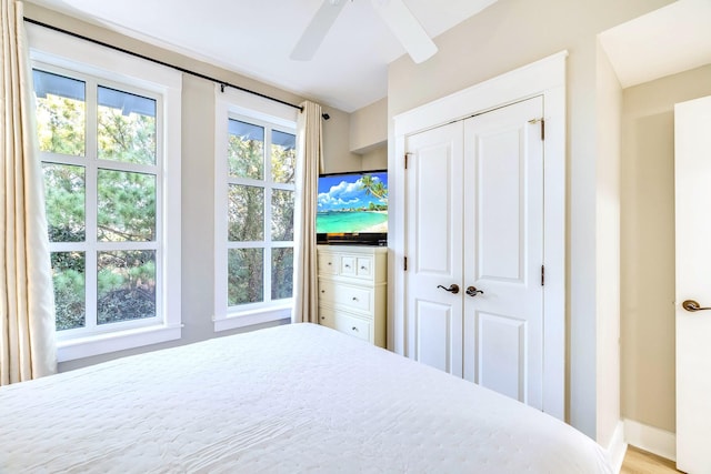 bedroom with ceiling fan, light hardwood / wood-style floors, and a closet