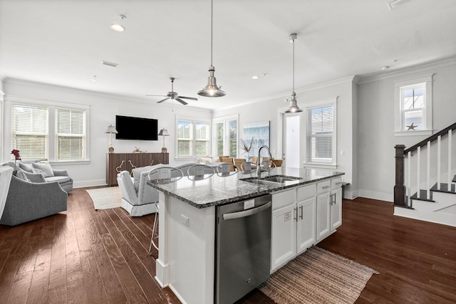 82 Gulfview Way, Santa Rosa Beach, FL 32459 - kitchen with dishwasher, a sink, crown molding, dark stone countertops, and open floor plan