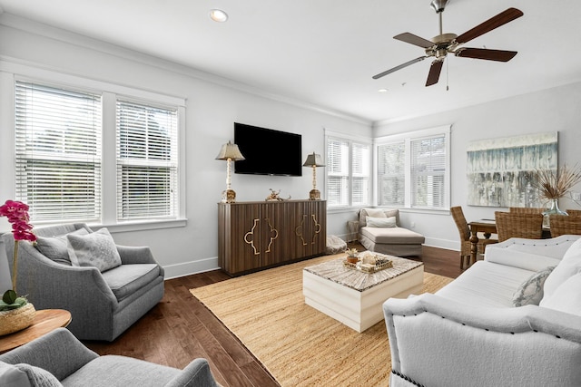 living room featuring dark hardwood / wood-style floors, ceiling fan, and ornamental molding