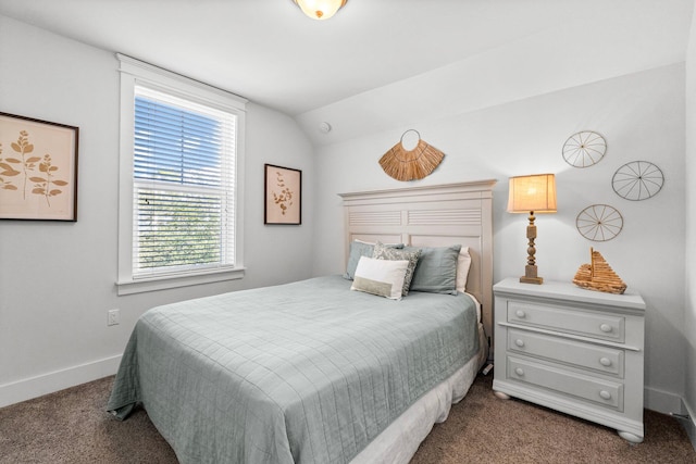 bedroom featuring carpet and vaulted ceiling