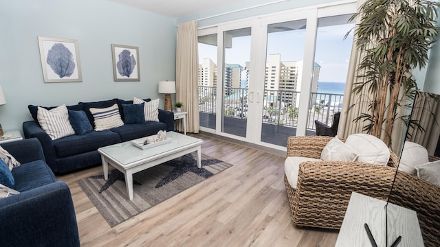 living room featuring a water view and light hardwood / wood-style flooring