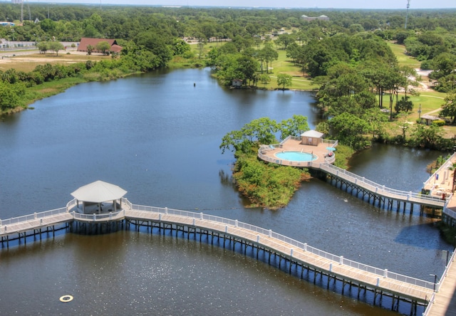 aerial view featuring a water view