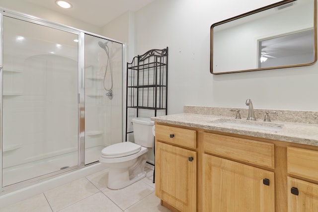 full bath featuring tile patterned floors, toilet, a stall shower, and vanity