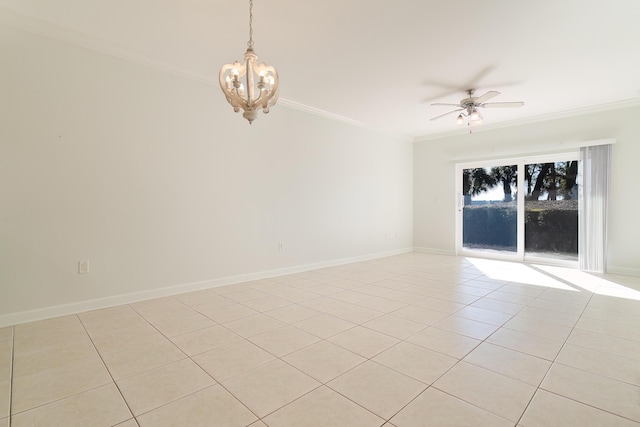 unfurnished room with light tile patterned flooring, ceiling fan with notable chandelier, crown molding, and baseboards