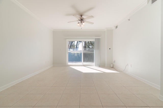 spare room with visible vents, baseboards, ornamental molding, a ceiling fan, and light tile patterned floors