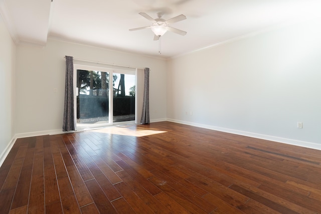 unfurnished room with crown molding, baseboards, ceiling fan, and dark wood finished floors