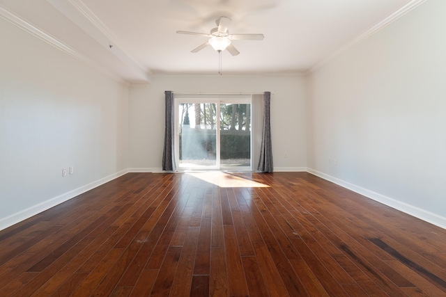 empty room featuring baseboards, dark wood-style floors, and a ceiling fan